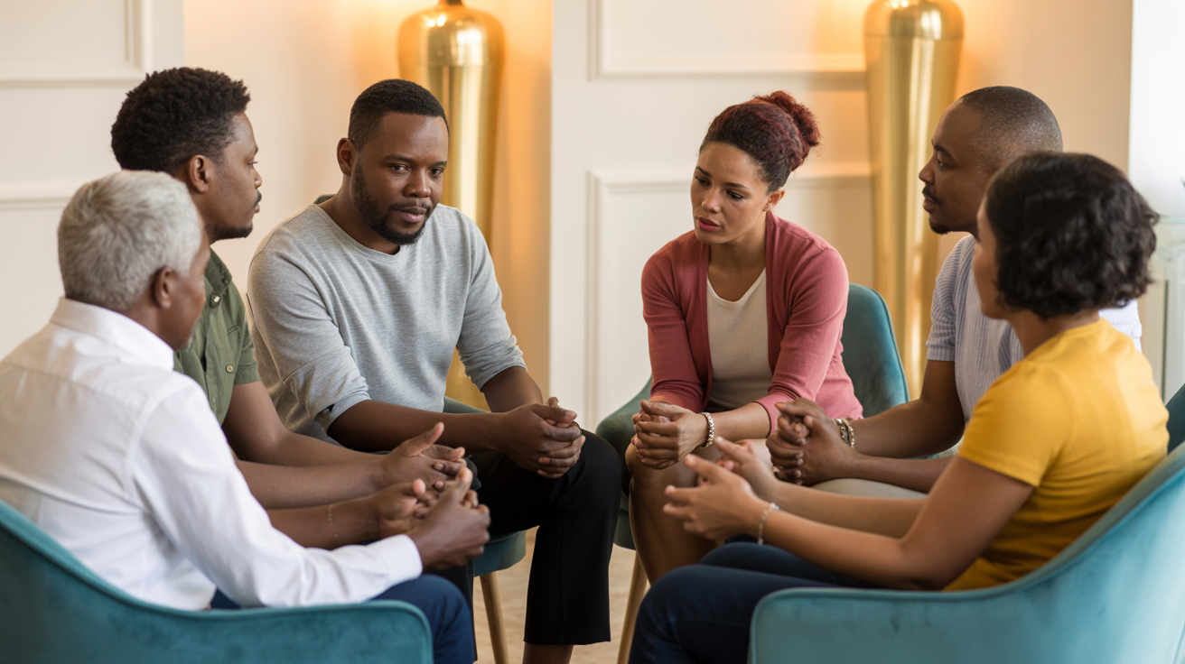 Diverse group of people in a supportive therapy circle